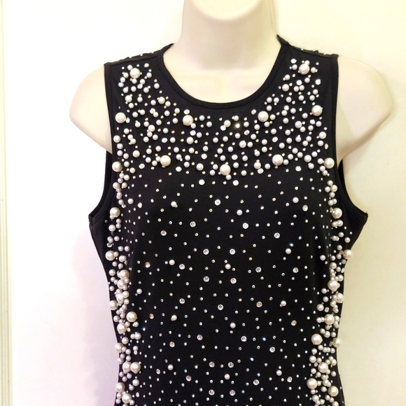 BANJUL Black Pearl & Rhinestone Embellished Sleeveless Bodycon Dress, Large, NWT - Picture 11 of 16